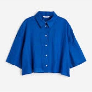 H&M Linen Short Sleeve Cropped Button Front Blouse Blue S
